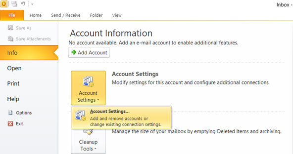 Setup ICA.NET email account on your Outlook 2010 Manual Step 1